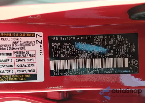 2008 Toyota Matrix Xr from USA, damaged, VIN 2T1KR32EX8C705477